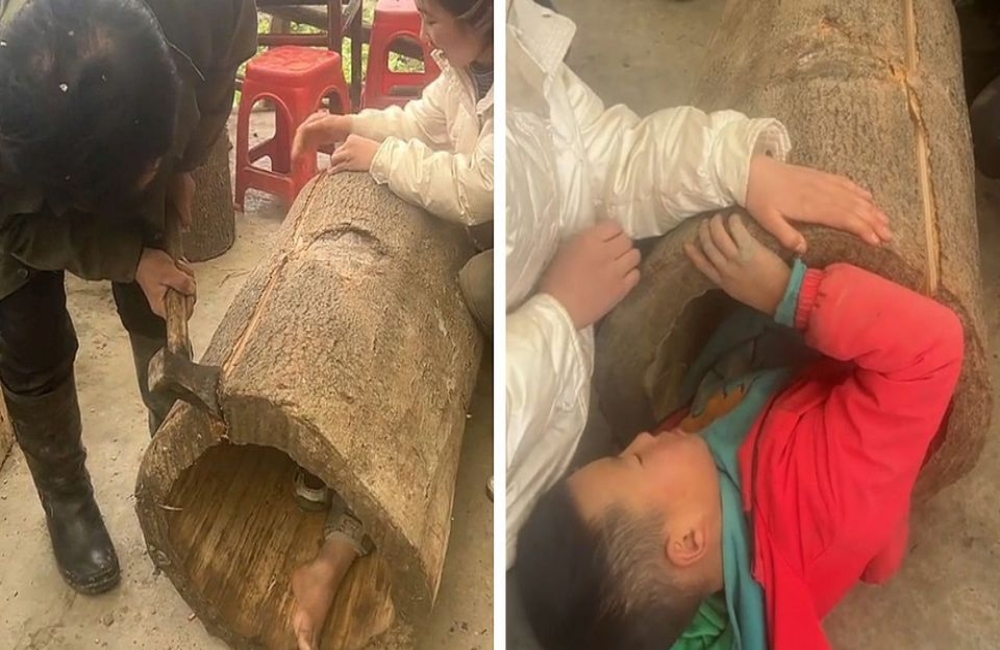 Παιδί σφηνώνει σε κορμό δέντρου και o μπαμπάς του… ξεκαρδίζεται! (vid)